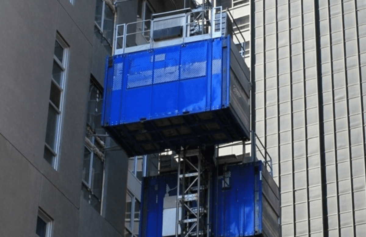 Bigfoot Crane Company dual car hoist providing vertical transport for large-scale projects. 