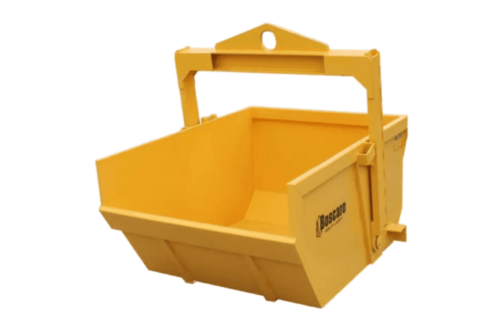 A durable, steel Boscaro self-dumping hopper bin available from Bigfoot Crane Company.