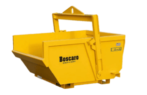 A heavy-duty yellow self-dumping bin with integrated fork pockets, available from Bigfoot Crane Company. 