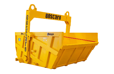 Large yellow heavy-duty industrial self-dumping bin for high-capacity material handling from Bigfoot Crane Company. 
