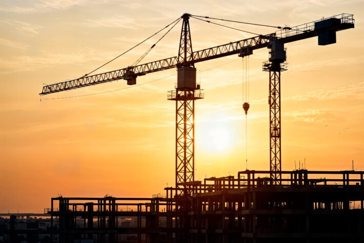Tower cranes at sunset