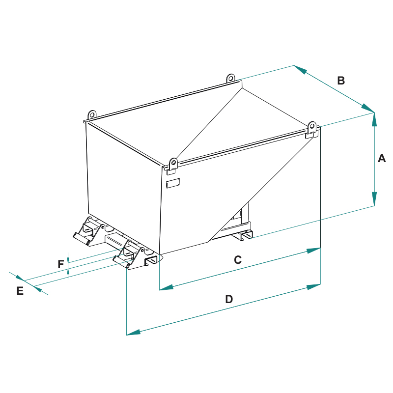 THDB telehandler bin with forklift pockets and automatic tipping system specification image.