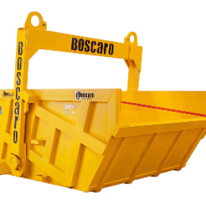 Large yellow heavy-duty industrial self-dumping bin for high-capacity material handling from Bigfoot Crane Company. 